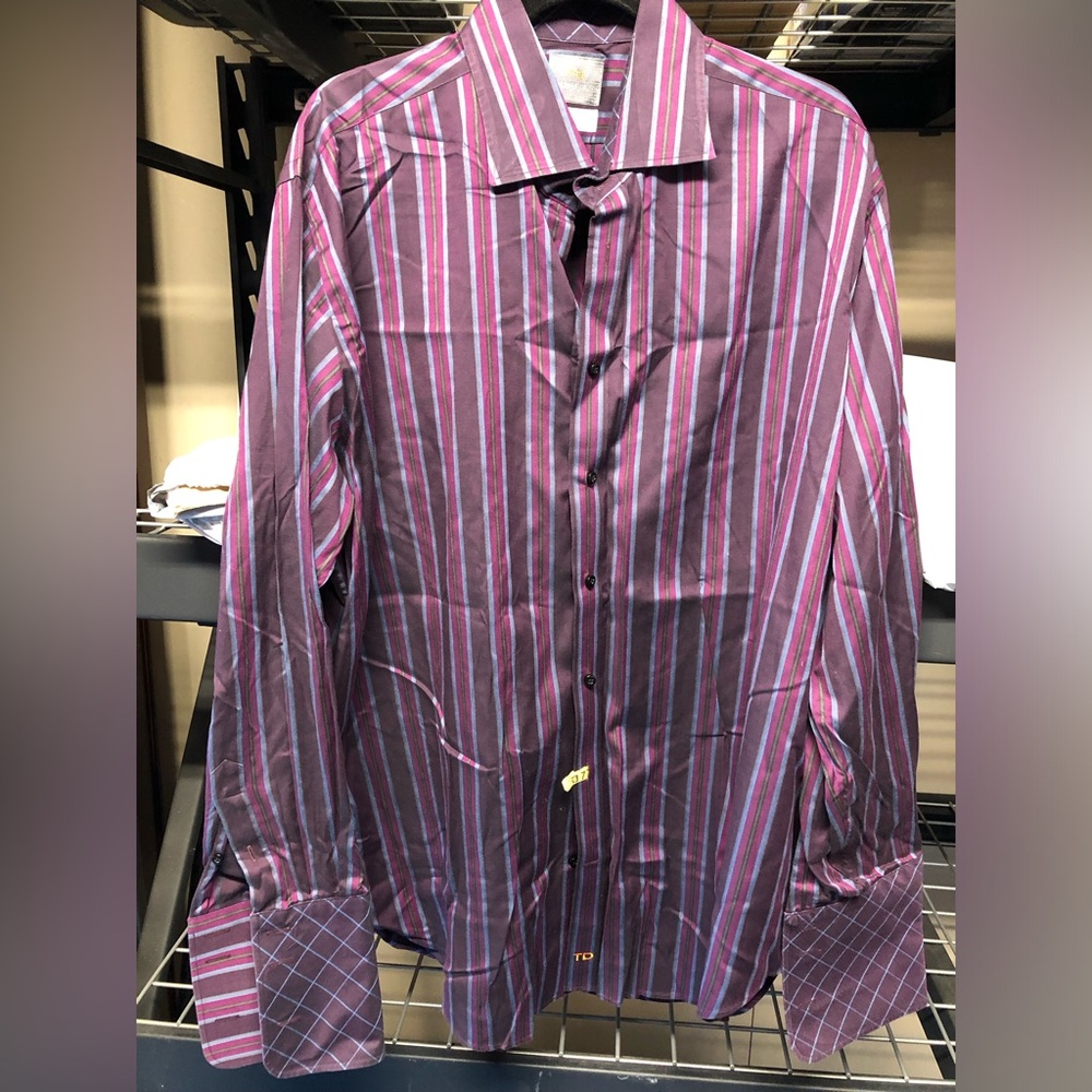 Thomas Dean Purple Striped Button-Down Shirt, XXL
